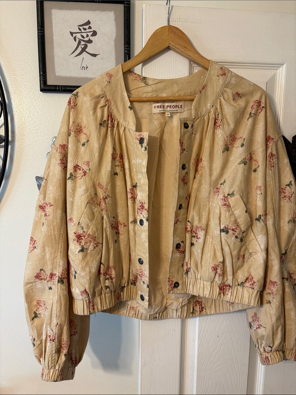 Free People Cream Floral Bomber Jacket with Pink Roses